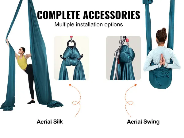 complete accessories for VEVOR aerial yoga swing, including steel carabiners, daisy chains, and figure-8 joint.