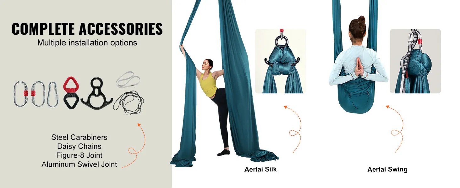 complete accessories for VEVOR aerial yoga swing, including steel carabiners, daisy chains, and figure-8 joint.
