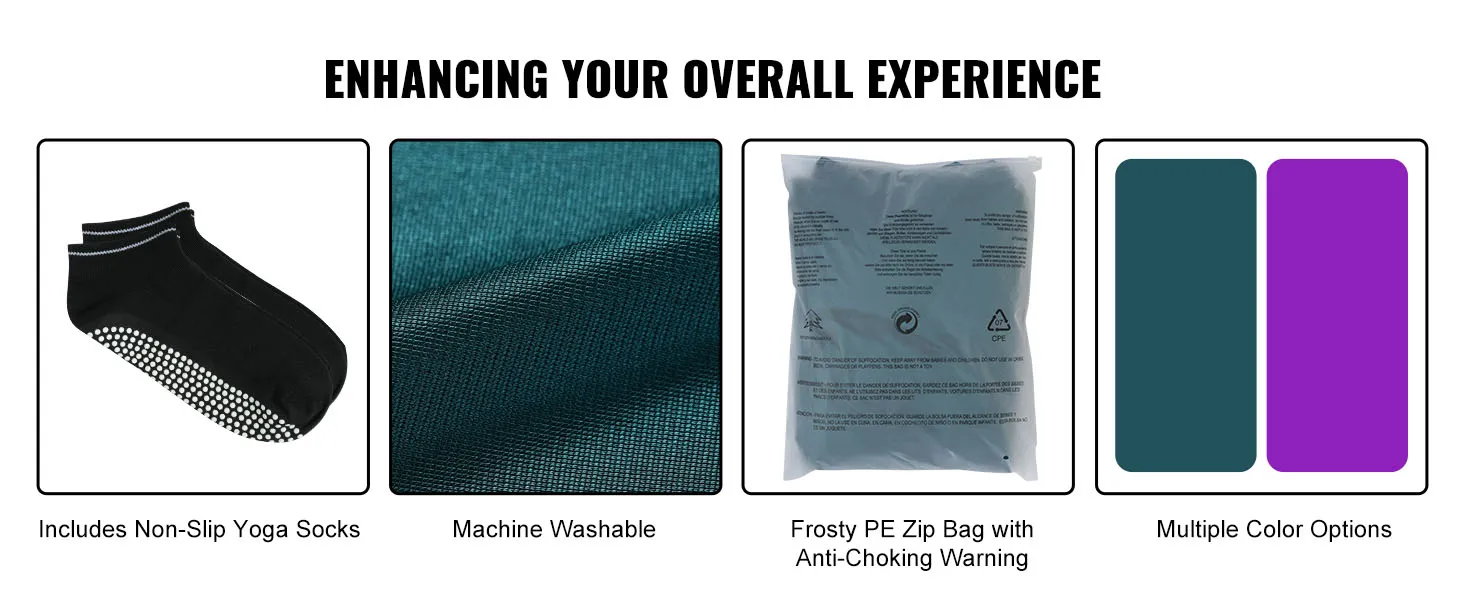 enhance your VEVOR aerial yoga swing with non-slip socks, machine washable fabric, pe zip bag, and color options.
