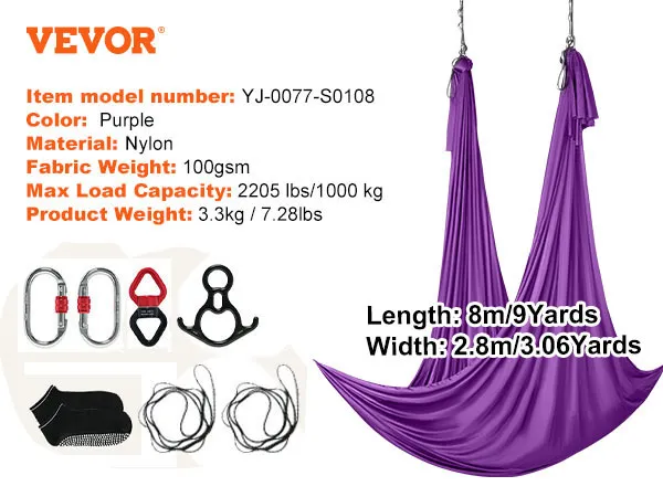 VEVOR Aerial Yoga-Hängematte: lila Nylon, 100 g/m², 2205 lbs maximale Belastung, 3,3 kg Gewicht, 8 m Länge, 2,8 m Breite.