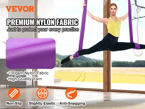 VEVOR Aerial Yoga-Hängematte im Einsatz, Vorteile des Premium-Nylongewebes: rutschfest, elastisch, kein Hängenbleiben.