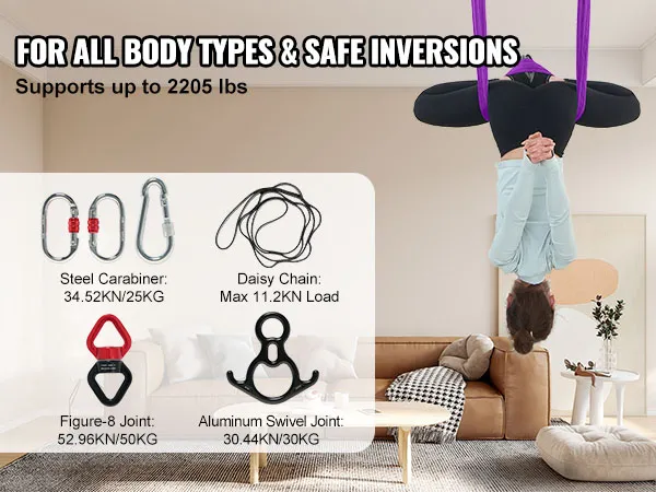 VEVOR Aerial Yoga-Hängematte mit einer Tragkraft von 1000 kg, mit Stahlkarabiner, Daisy Chain und Drehgelenk.
