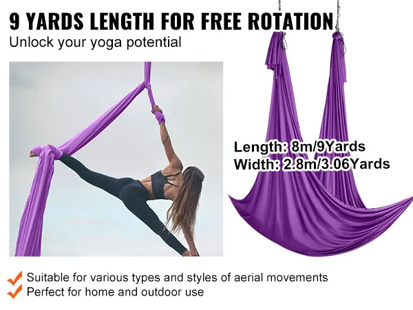 Frau verwendet eine 9 Yard lange Aerial-Yoga-Hängematte von VEVOR für verschiedene Luftbewegungen im Innenbereich.