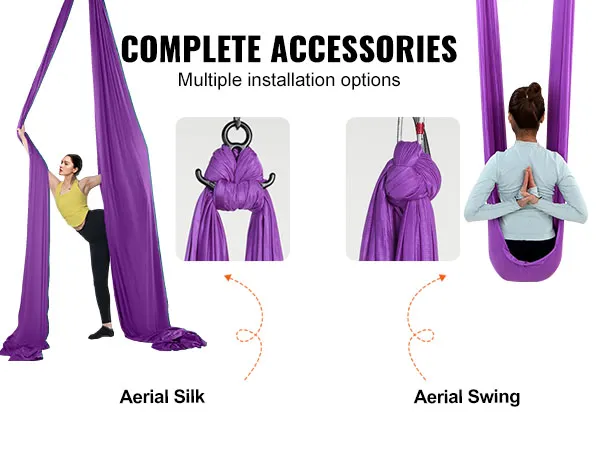 VEVOR Aerial Yoga-Hängematte mit Zubehör einschließlich Stahlkarabinern, Daisy Chains und Drehgelenken.