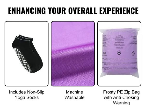 schwarze rutschfeste Yogasocken, violetter Stoff in Nahaufnahme, frostiger PE-Reißverschlussbeutel mit Erstickungswarnung. VEVOR Aerial Yoga-Hängematte.
