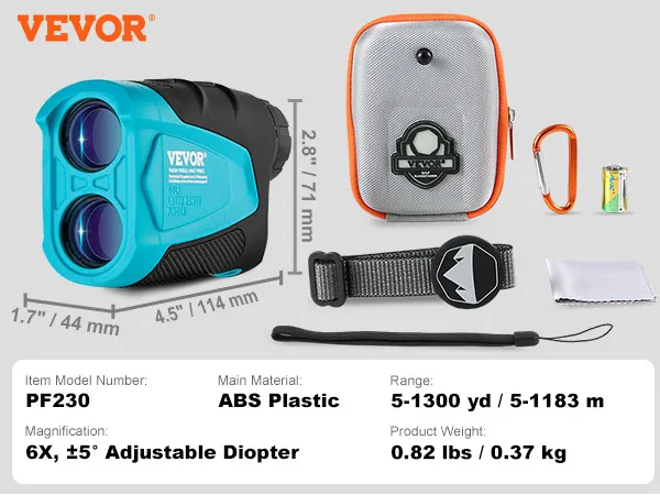 Kit de telémetro de golf VEVOR con estuche rígido, soporte magnético, batería CR2, paño para lentes, correa y cuerda.