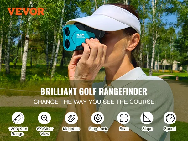 Telémetro de golf VEVOR en uso en un campo soleado, con alcance de 1300 yardas, visión clara de 6x y bloqueo de bandera.