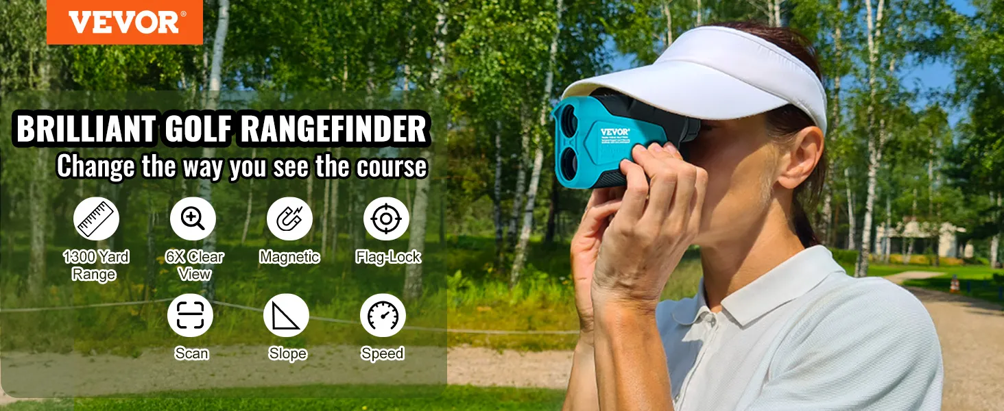 Telémetro de golf VEVOR en uso en un campo soleado, con alcance de 1300 yardas, visión clara de 6x y bloqueo de bandera.