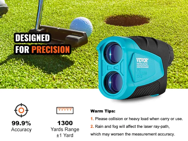 Golfista practicando putting con precisión utilizando el telémetro de golf VEVOR, con una precisión del 99,9 % y un alcance de 1300 yardas.