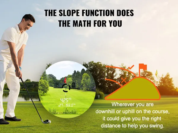 Golfista que utiliza el telémetro de golf VEVOR con función de pendiente en un campo soleado para una medición precisa de la distancia.