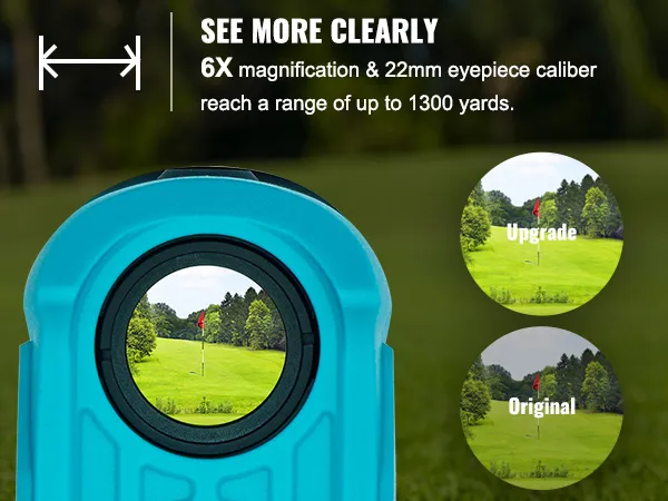 Telémetro de golf VEVOR con aumento de 6x que muestra la actualización frente a la vista original de una bandera de golf a 1300 yardas.