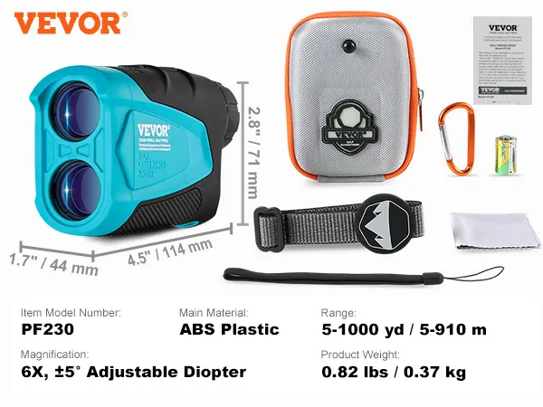 Telémetro de golf VEVOR, modelo pf230, con estuche, correa, batería, paño de microfibra y accesorios.