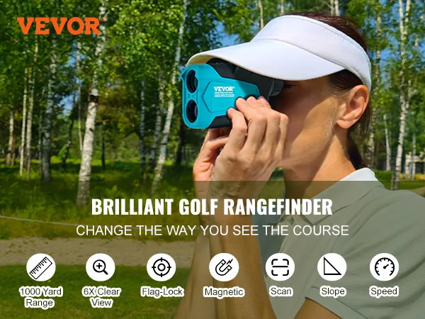Telémetro de golf VEVOR con alcance de 1000 yardas, vista clara 6x, magnético, bloqueo de bandera, pendiente, velocidad, escaneo.