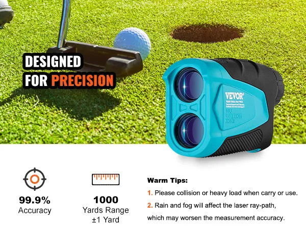 Golfista jugando al green con telémetro de golf VEVOR, precisión del 99,9 %, alcance de 1000 yardas.