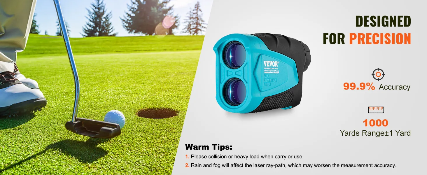 Golfista jugando al green con telémetro de golf VEVOR, precisión del 99,9 %, alcance de 1000 yardas.