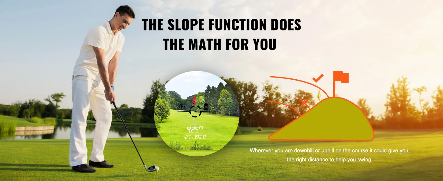 Golfista que utiliza el telémetro de golf VEVOR con función de pendiente para una medición precisa de la distancia en el campo.