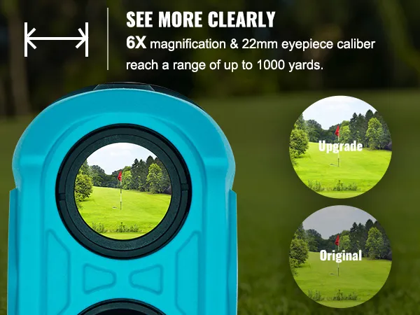 Telémetro de golf VEVOR azul con aumento de 6x y visión clara de la bandera en el campo de golf.