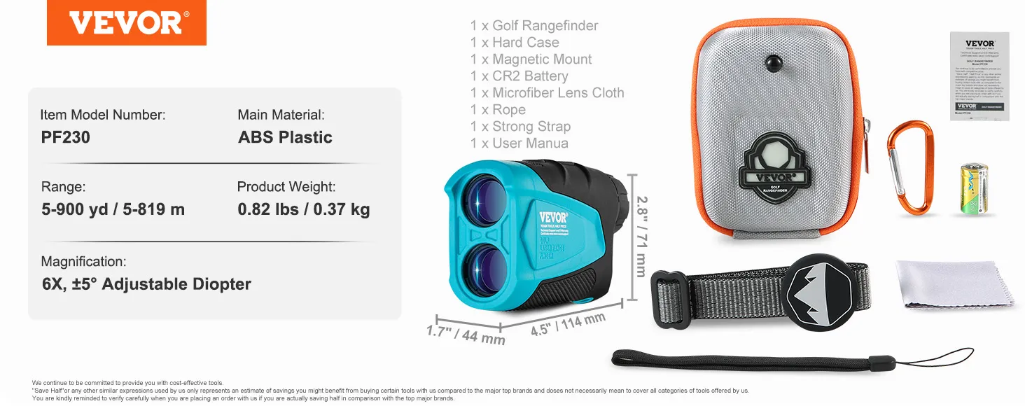 VEVOR golf-afstandsmeter pf230 met accessoires: koffer, riem, batterij, doek, houder, karabijnhaak en handleiding.