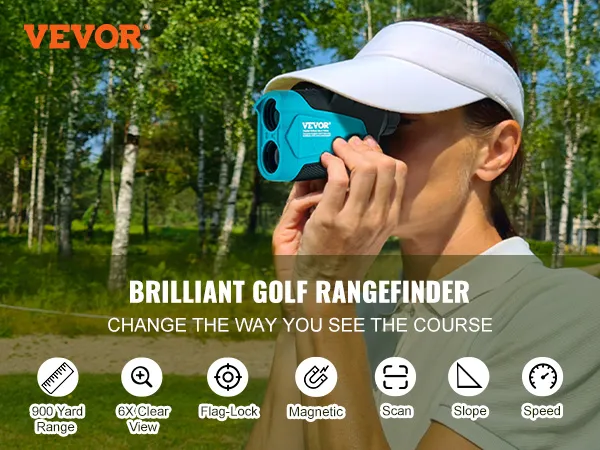 VEVOR golf-afstandsmeter gepresenteerd door een golfer met een bereik van 900 meter, 6x helder zicht, magnetisch en vlagvergrendeling.