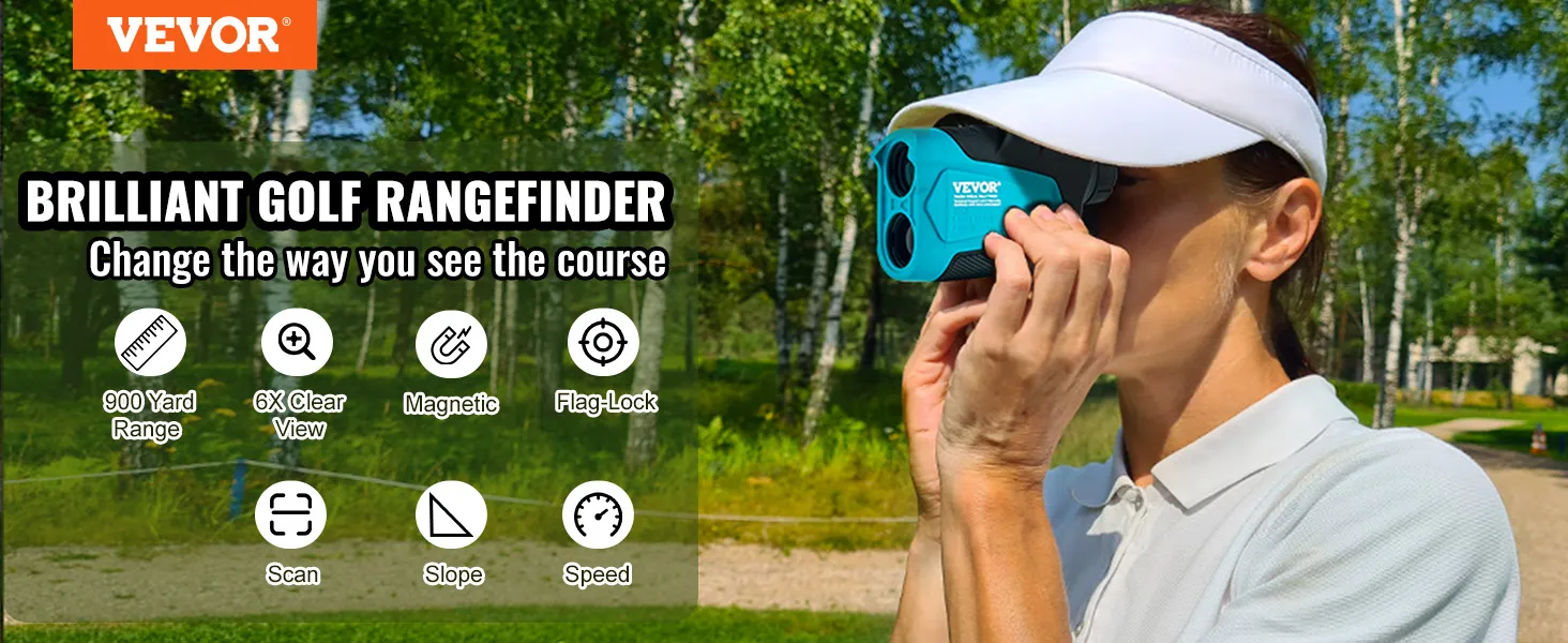 VEVOR golf-afstandsmeter gepresenteerd door een golfer met een bereik van 900 meter, 6x helder zicht, magnetisch en vlagvergrendeling.