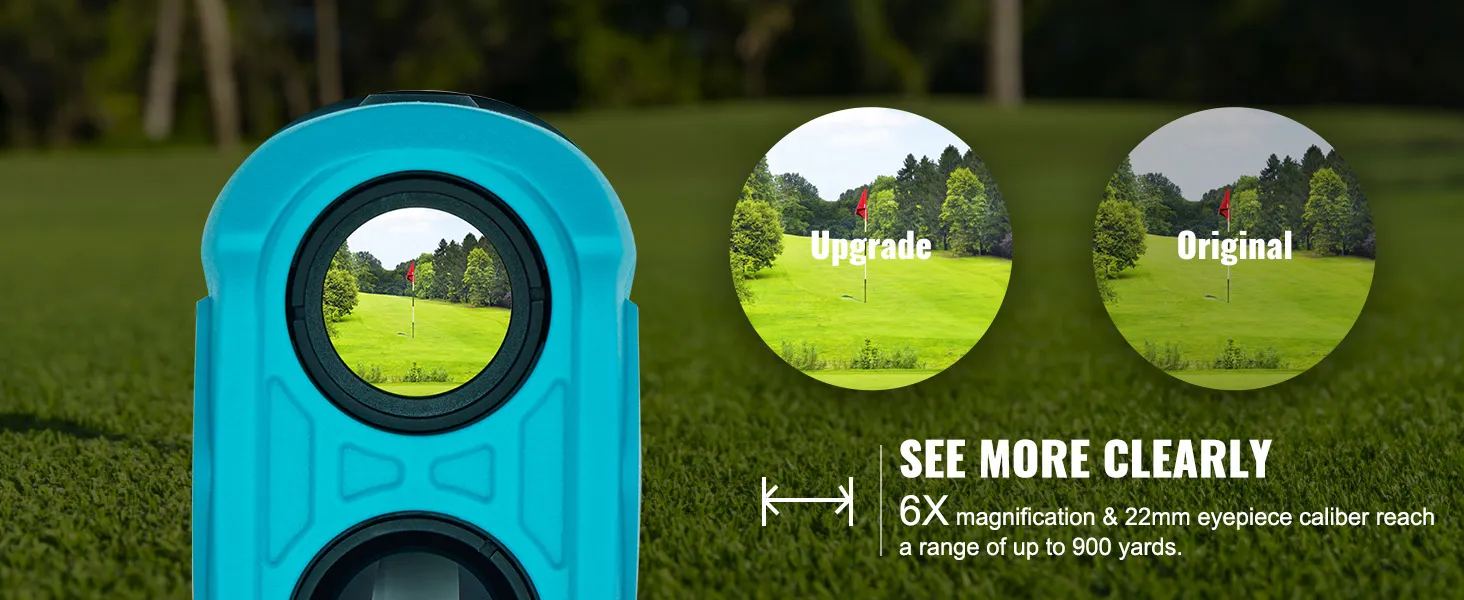 VEVOR golf-afstandsmeter met 6x vergroting en weergave van een golfvlag op verschillende afstanden.