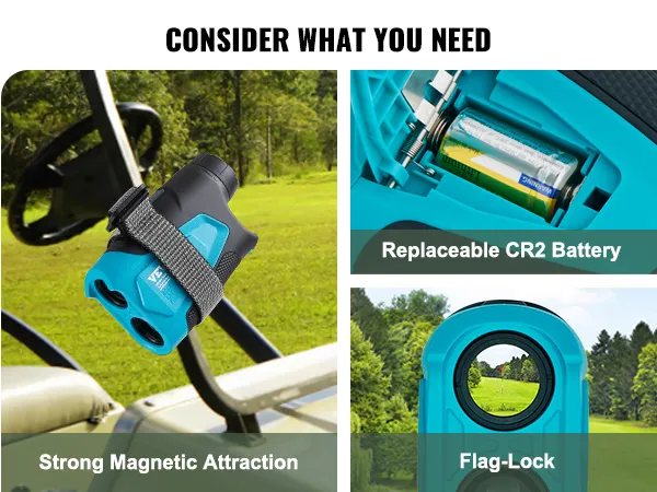 De VEVOR golf-afstandsmeter beschikt over een sterke magnetische aantrekkingskracht, een vervangbare CR2-batterij en een vlagvergrendeling.