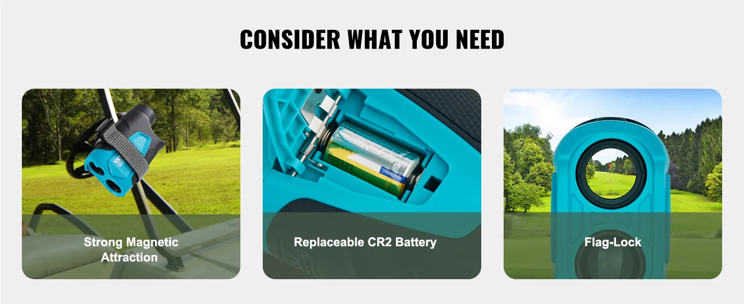 De VEVOR golf-afstandsmeter beschikt over een sterke magnetische aantrekkingskracht, een vervangbare CR2-batterij en een vlagvergrendeling.