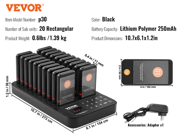 VEVOR restaurant pagersysteem met 20 rechthoekige subunits, lithium-polymeer 250 mAh en adapter.