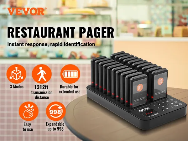 Het VEVOR-pagersysteem voor restaurants wordt op een tafel weergegeven, met meerdere pagers en de belangrijkste functies gemarkeerd.