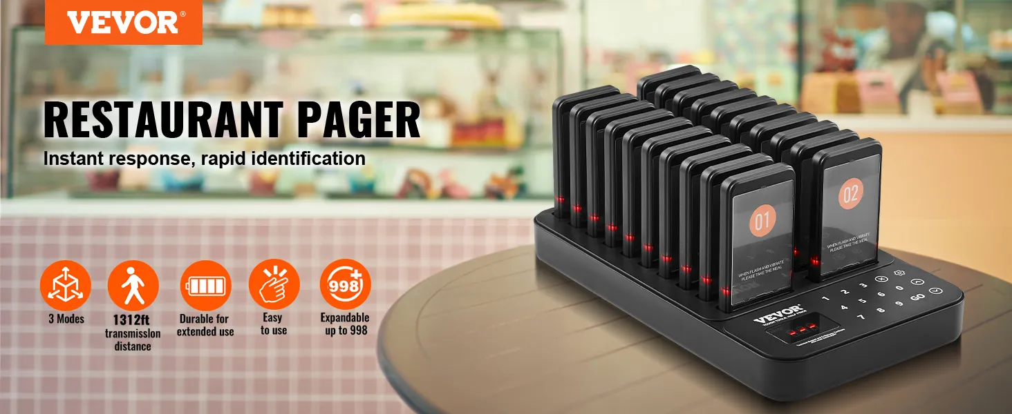 Het VEVOR-pagersysteem voor restaurants wordt op een tafel weergegeven, met meerdere pagers en de belangrijkste functies gemarkeerd.