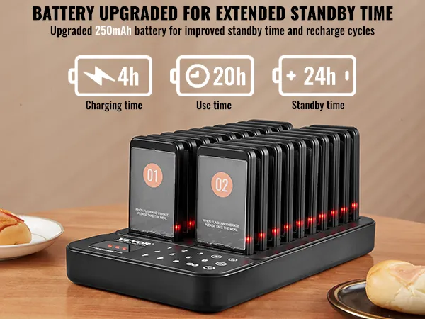 VEVOR-piepersysteem voor restaurants met oplaadstation en gebak op tafel, met indicatoren voor de batterijduur.