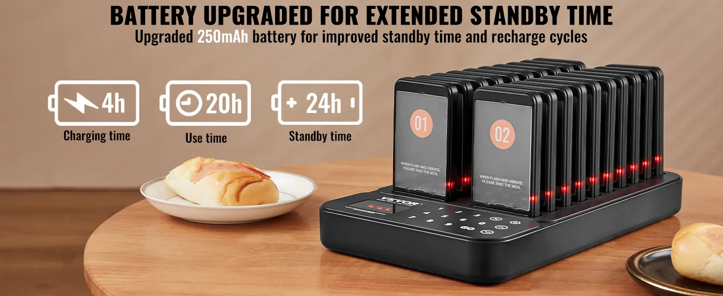 VEVOR-piepersysteem voor restaurants met oplaadstation en gebak op tafel, met indicatoren voor de batterijduur.