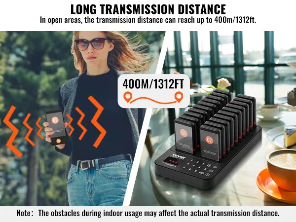 VEVOR-restaurantpiepersysteem met een transmissiebereik van 400 m/1312 ft, ideaal voor drukke cafés.