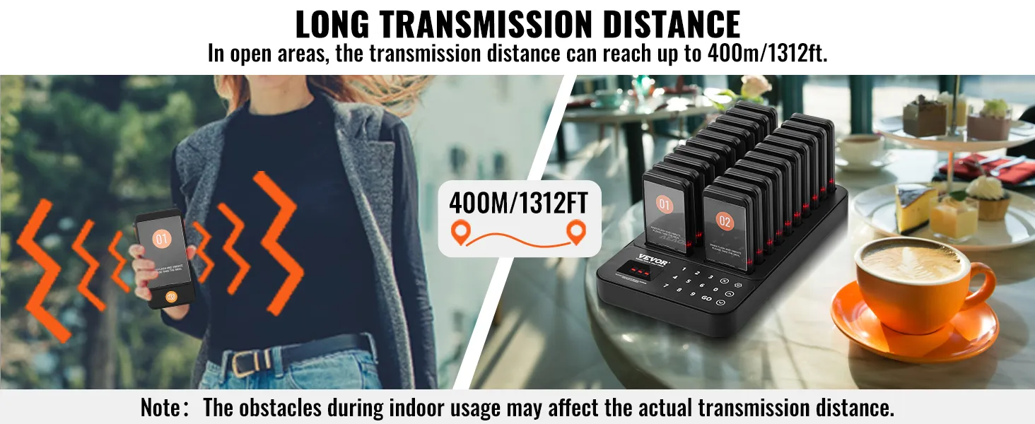 VEVOR-restaurantpiepersysteem met een transmissiebereik van 400 m/1312 ft, ideaal voor drukke cafés.
