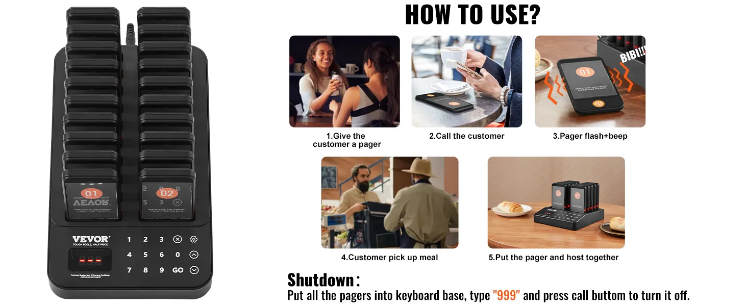 VEVOR restaurant pager systeem in gebruik met fooien: pager verspreiden, bellen, flitsen + piepen, maaltijd ophalen, pager retourneren.