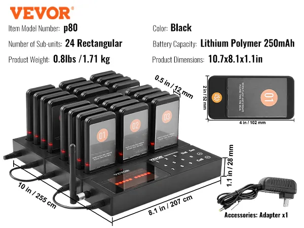VEVOR restaurant pagersysteem, 24 rechthoekige subeenheden, zwart, lithium-polymeerbatterij, model p80.