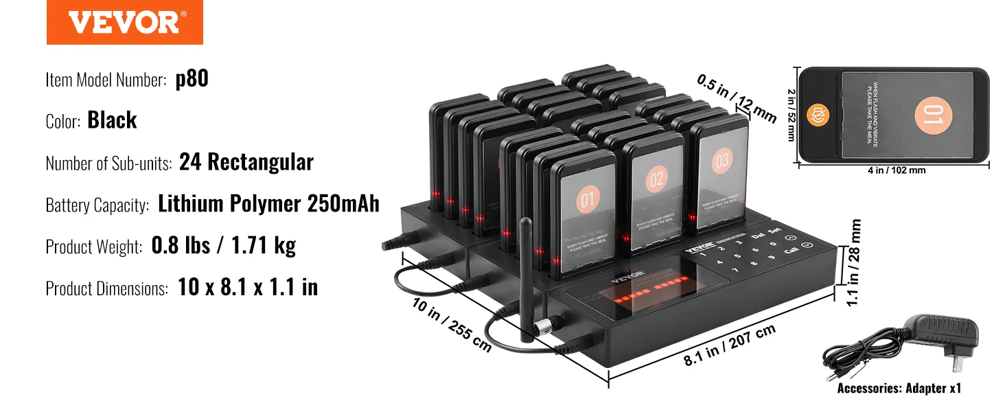 VEVOR restaurant pagersysteem, 24 rechthoekige subeenheden, zwart, lithium-polymeerbatterij, model p80.