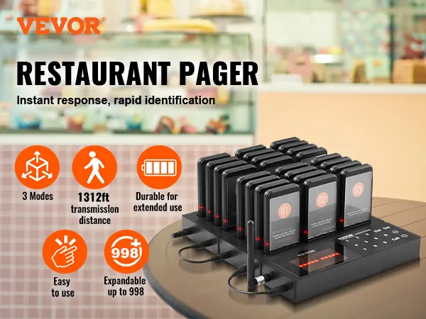 VEVOR-piepersysteem voor restaurants met een capaciteit van 999, een bereik van 400 meter en 3 modi voor snelle identificatie.