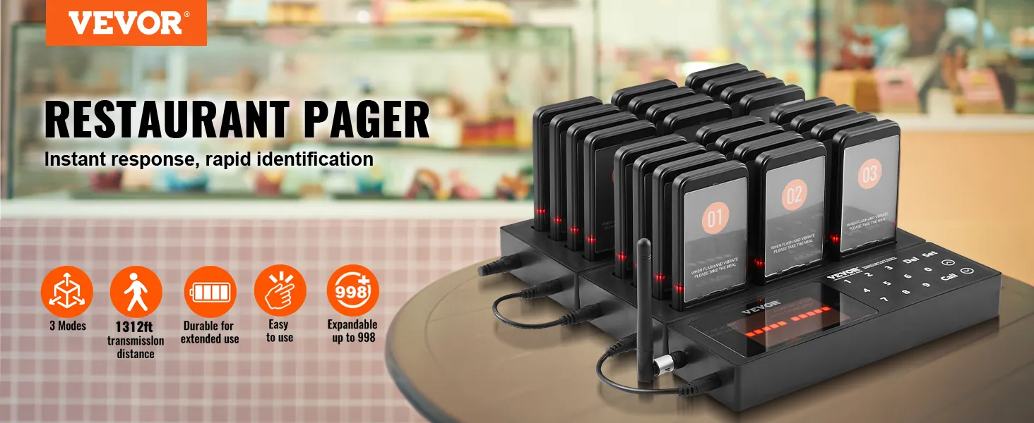 VEVOR-piepersysteem voor restaurants met een capaciteit van 999, een bereik van 400 meter en 3 modi voor snelle identificatie.