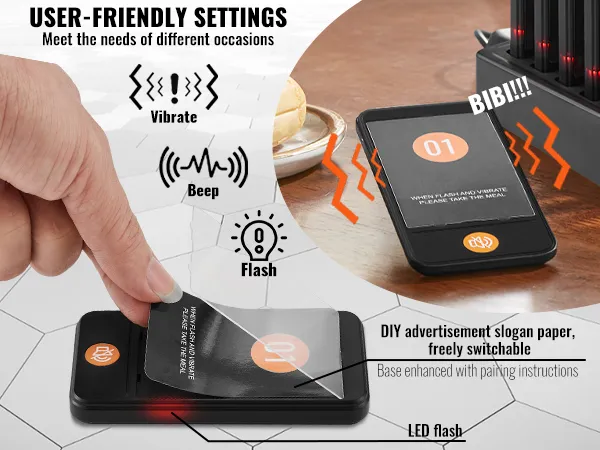 Handbediend VEVOR-restaurantpagersysteem met led-flits, pieptoon, trillen en doe-het-zelf-advertentieopties.