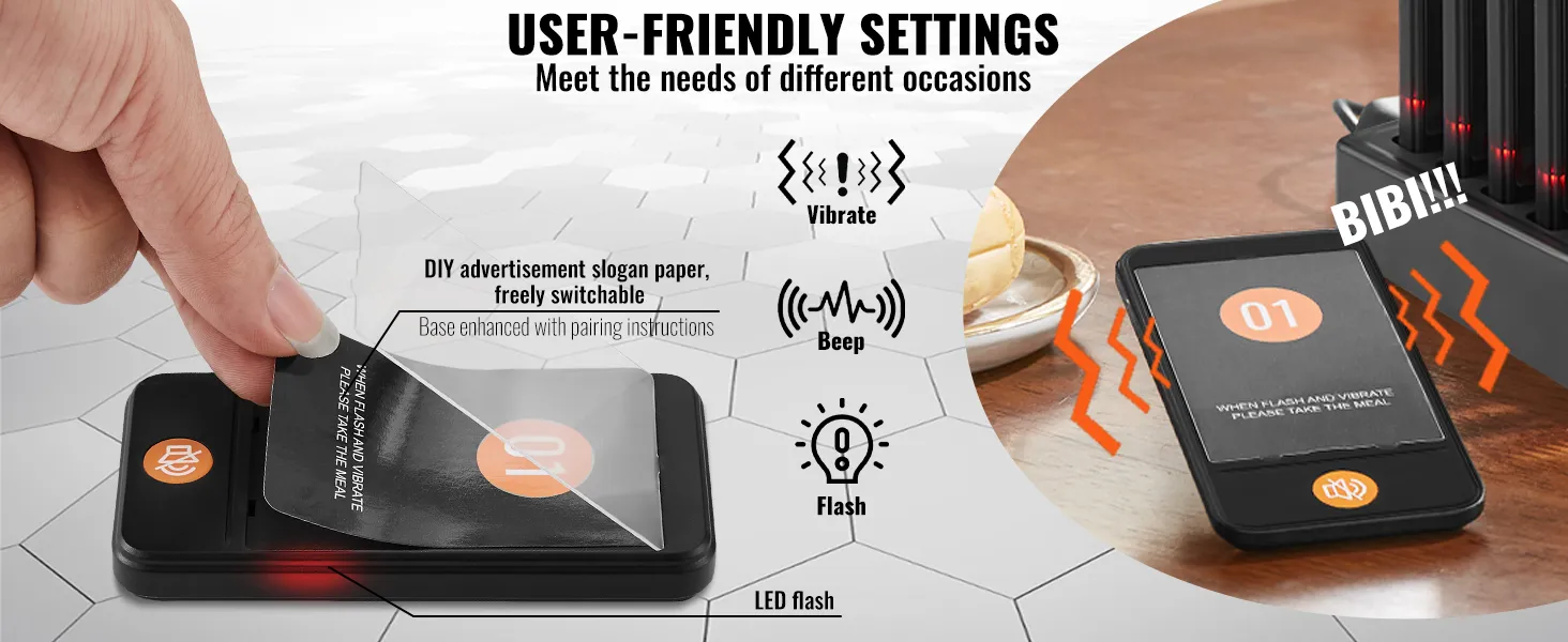 Handbediend VEVOR-restaurantpagersysteem met led-flits, pieptoon, trillen en doe-het-zelf-advertentieopties.