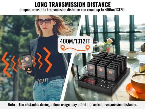 VEVOR-restaurantpagersysteemdisplay met een transmissiebereik van 400 m, waarbij de pager op een tafel wordt weergegeven.