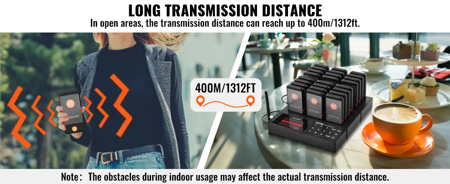 VEVOR-restaurantpagersysteemdisplay met een transmissiebereik van 400 m, waarbij de pager op een tafel wordt weergegeven.