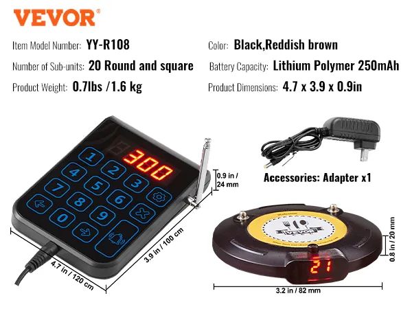 VEVOR restaurant pagersysteem, model yy-r108 toetsenbord en sub-unit pager met adapter, afmetingen en specificaties.