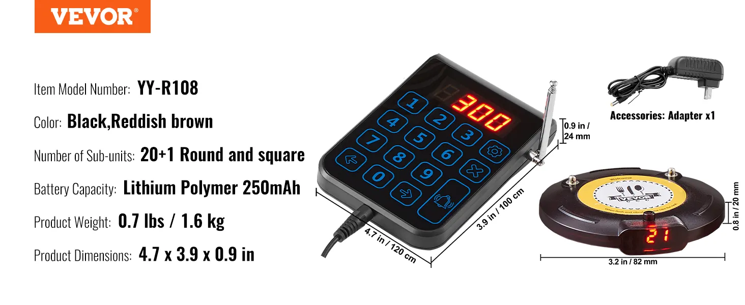 VEVOR restaurant pagersysteem, model yy-r108 toetsenbord en sub-unit pager met adapter, afmetingen en specificaties.