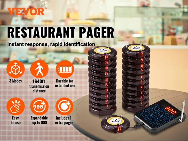 VEVOR-piepersysteem voor restaurants met gestapelde pagers en toetsenbord in een bakkerijomgeving.
