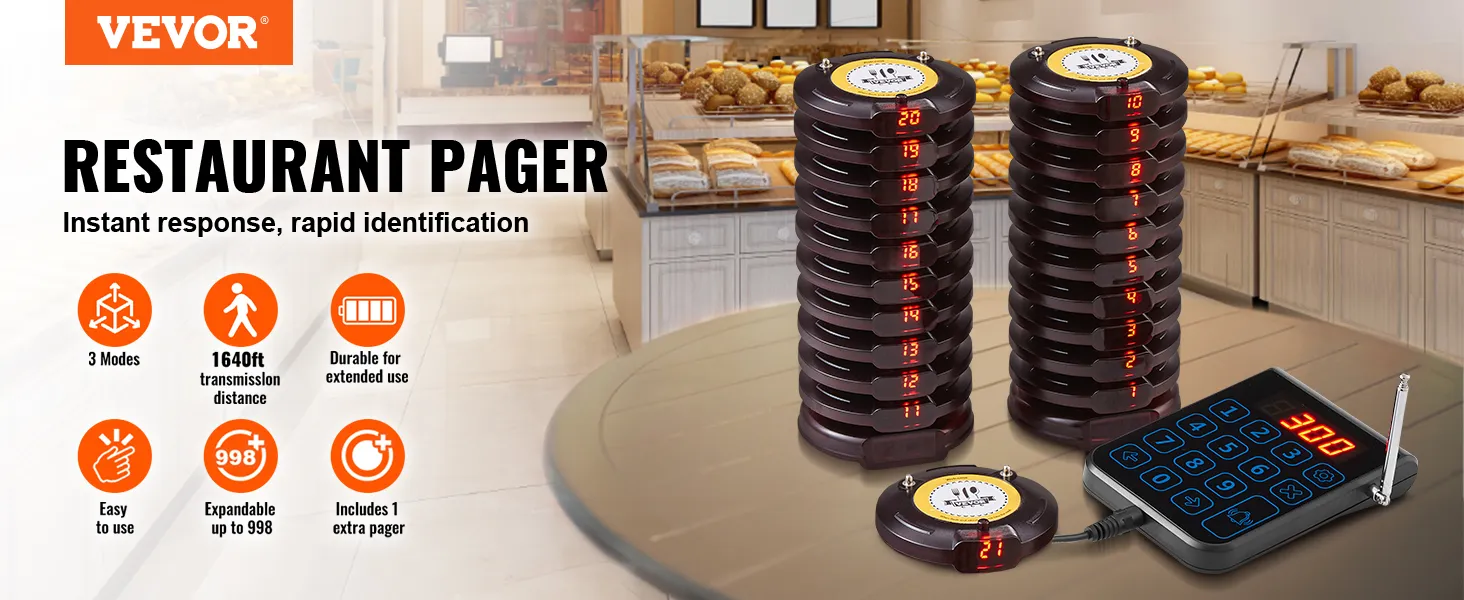 VEVOR-piepersysteem voor restaurants met gestapelde pagers en toetsenbord in een bakkerijomgeving.