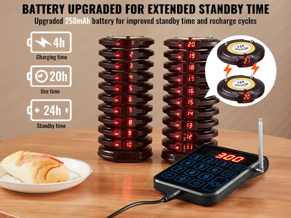 VEVOR-piepersysteem voor restaurants met een verbeterde 250mAh-batterij, pagerstapels en bedieningspaneel op een tafel.