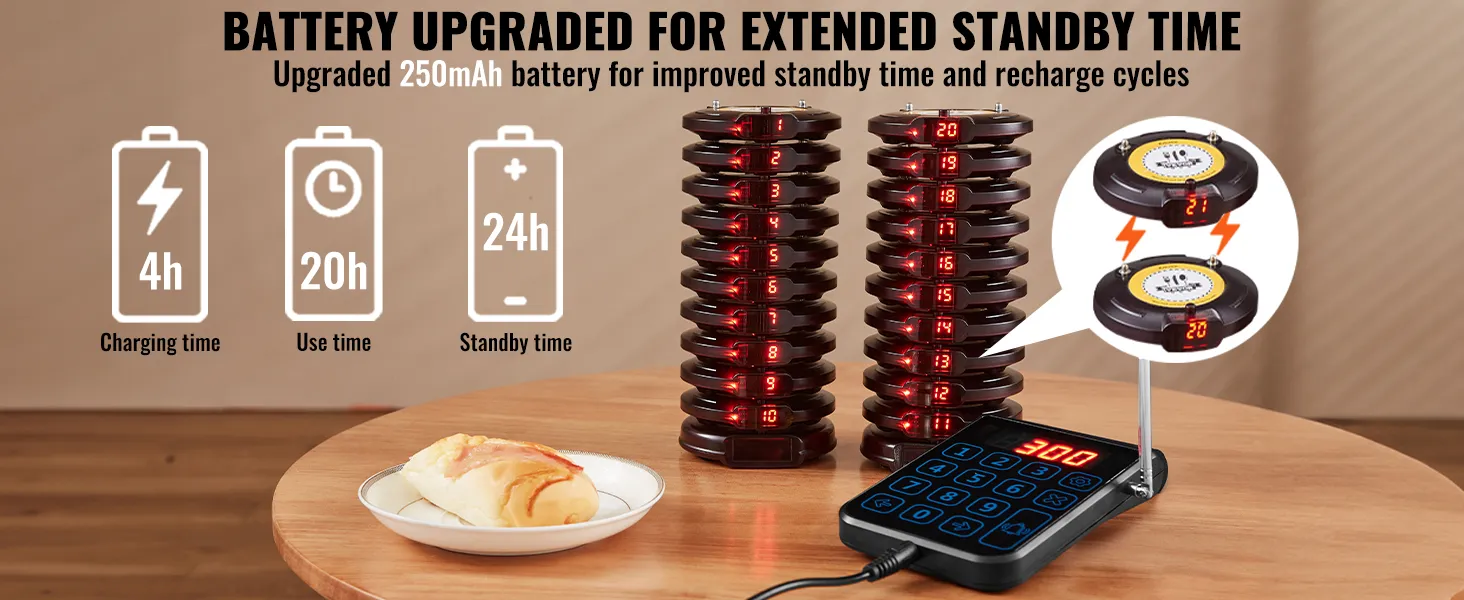 VEVOR-piepersysteem voor restaurants met een verbeterde 250mAh-batterij, pagerstapels en bedieningspaneel op een tafel.