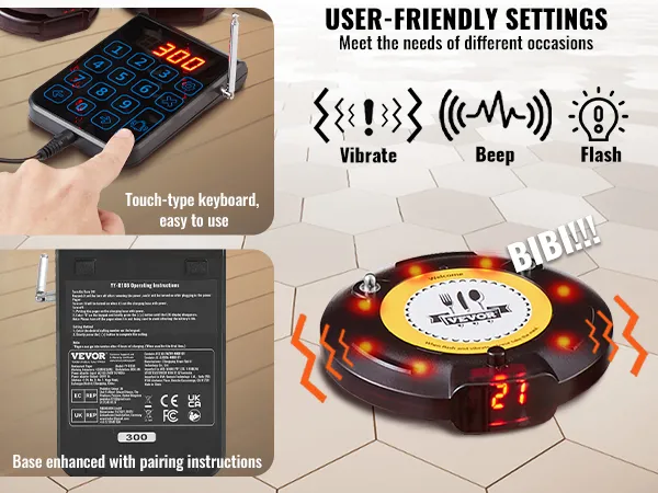VEVOR-piepersysteem voor restaurants met aanraaktoetsenbord, gebruiksvriendelijke instellingen en verschillende waarschuwingsopties.